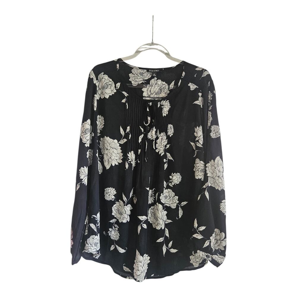 Roz & Ali Womens 1X Blouse Floral Balloon Sleeves L/S Self-Tie Neck Pintucking